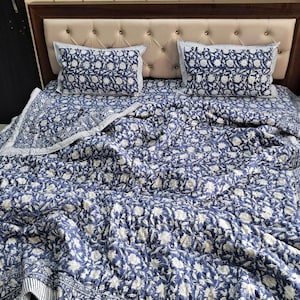 Midnight Blue Mist Floral Duvet Cover - Block Print Pillow Covers -  Vintage Blue Duvet Cover, Pure Cotton Handmade Duvet Cover or Quilt Set