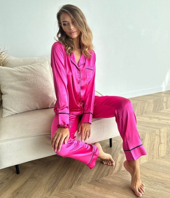 Pyjama en soie rose pour femme Ensemble de pyjama en soie pour femme Pyjama long en soie pour femme Pyjama en satin pour femme cadeau Pyjama de demoiselle d honneur Etsy France