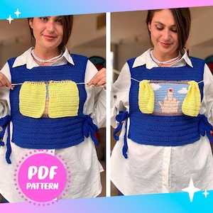 May include: A blue crochet vest with yellow accents and a whimsical design. The vest features a square design with yellow panels and blue ties. The vest is worn over a white collared shirt. The image also includes the text "PDF PATTERN".