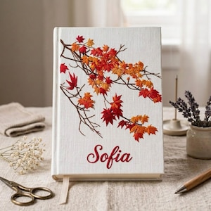 Personalized Embroidered Notebook Custom Name Journal Autumn Maple Leaf Notebook Fall Journal Personalized Gift for Her Nature Lover Gift