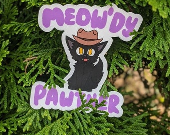 Meow'dy Pawtner! Black Cat Cowboy Sticker