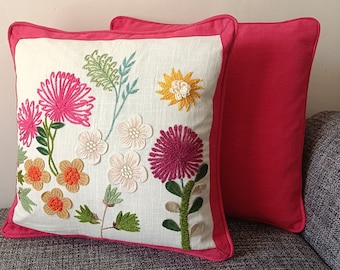 Embroidered cushion cover, Floral pattern ,Hand made embroidery ,decorative pillows, House warming gift, sizes available