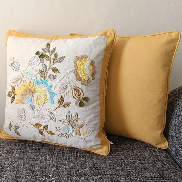Embroidered Cushion cover, decorative, Blue Yellow combination , Floral pattern, Patch work, Hand embroidery , house warming gift