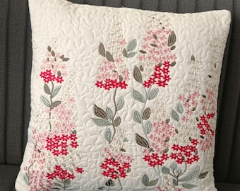Embroidered Floral Quilted Cushion Cover: Red Cotton Pillow (16"x16")