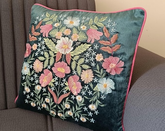 Embroidered Floral Velvet Pillow Cover, Decorative Cushion