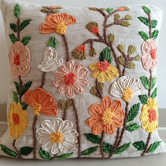 Embroidered Floral Cushion Cover: Handcrafted Home Decor Pillow