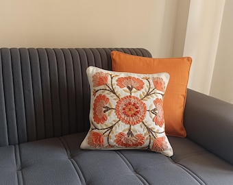 Handmade Floral Cushion Cover | 16x16 Cotton Embroidered Pillow