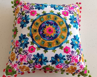 Embroidered Floral Cushion Cover: Colorful Pom Pom Pillow