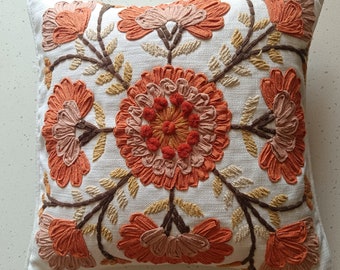 Handmade Floral Cushion Cover | 16x16 Cotton Embroidered Pillow