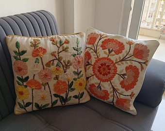 Embroidered Cushion Cover, Floral multi colored, Size 16&quot;X 16&quot;, Set of 2, decorative pillows, House warming gift , christmas decor, Gifting