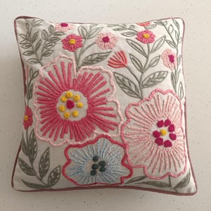 Embroidered Floral Cushion Cover: Handcrafted Pink & Green Cotton
