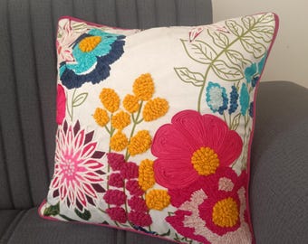 Embroidered Floral Cushion Cover 16x16, Boho Botanical Decorative Pillow, Handmade Sofa Accent
