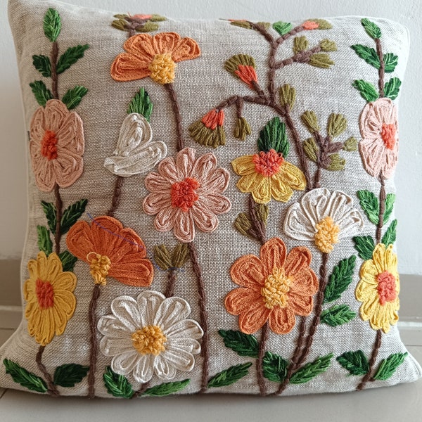 Embroidered Cushion cover decorative, multi colour, floral pattern, hand made cushion cover, house warming gift