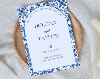 Elegant Blue Wedding Invitation | Digital Download | Custom | Something Blue Wedding Invite | Elegant Mediterranean Tile