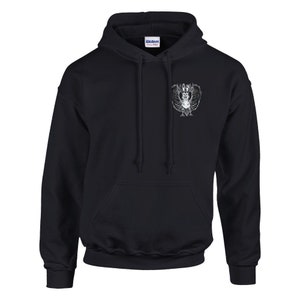 May include: Black hooded sweatshirt with a white graphic of a winged creature on the front.