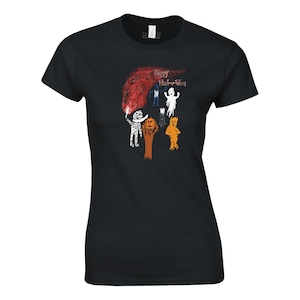 May include: Black t-shirt with a red, orange, and white illustration of a tree with a ghost, a mummy, a vampire, and a pumpkin. The text "Happy Howl-o-ween" is written on the tree.