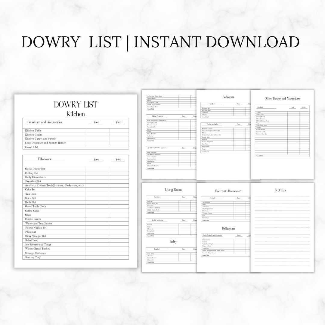 Dowry List, Wedding Planner, Printable Wedding Dowry List, A4 A5 Letter