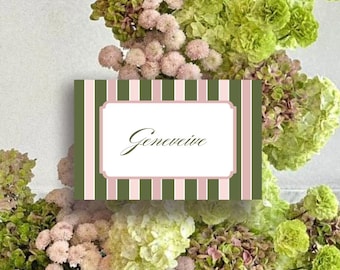 Kalligraphie Tischkarten: Rosa & Grün gestreift, bearbeitbare Canva Vorlage 13 x 18 cm, Sofort Download