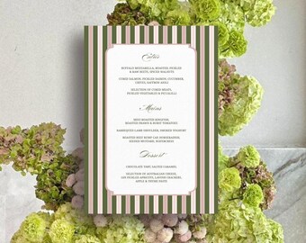 Elegante Menü-Design-Vorlage: Streifen, Kalligraphie, bearbeitbare A5 Canva-Vorlage (Sofortdownload)