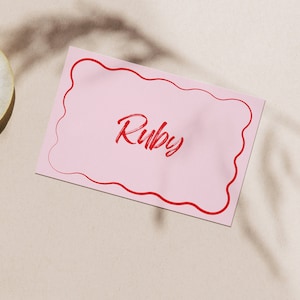 Name Place Cards Design Editable Template, Wavy Calligraphy, Squiggle, Red & Pink, Wedding Stationary, Printable, Instant Download image 2