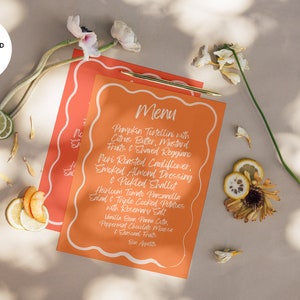 Amalfi menu ontwerp bewerkbare sjabloon, golvende kalligrafie, golvende, oranje en wit, A5, afdrukbare sjabloon, Instant Download