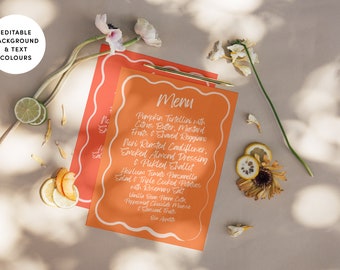 Amalfi Menu Design Editable Template, Wavy Calligraphy, Squiggle, Orange & White, A5, Printable Template, Instant Download