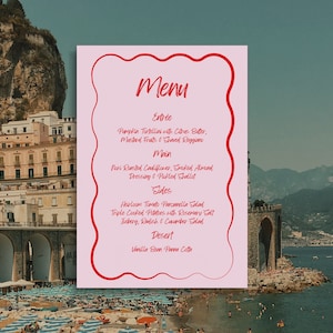 May include: A pink menu with a red border, listing the menu items for a restaurant. The menu includes an entree, main course, sides, and dessert. The text on the menu is in red.