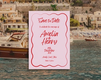 Hochzeitseinladung Design, bearbeitbare Canva Vorlage, Kalligraphie, Rot & Pink, A5, Sofort Download