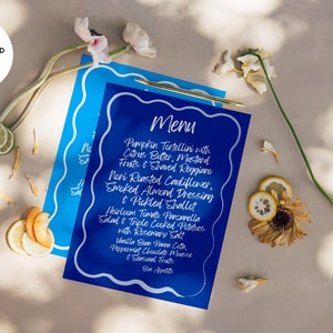 Amalfi Menu Design Editable Template, Wavy Calligraphy, Squiggle, Blue & White, A5, Printable Template, Instant Download