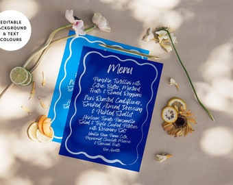 Amalfi Menu Design Editable Template, Wavy Calligraphy, Squiggle, Blue & White, A5, Printable Template, Instant Download