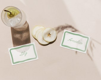 Korfu Name Place Cards Design Editable Template, Calligraphy, Watercolour, Green & White, Wedding Stationary, Printable, Instant Download