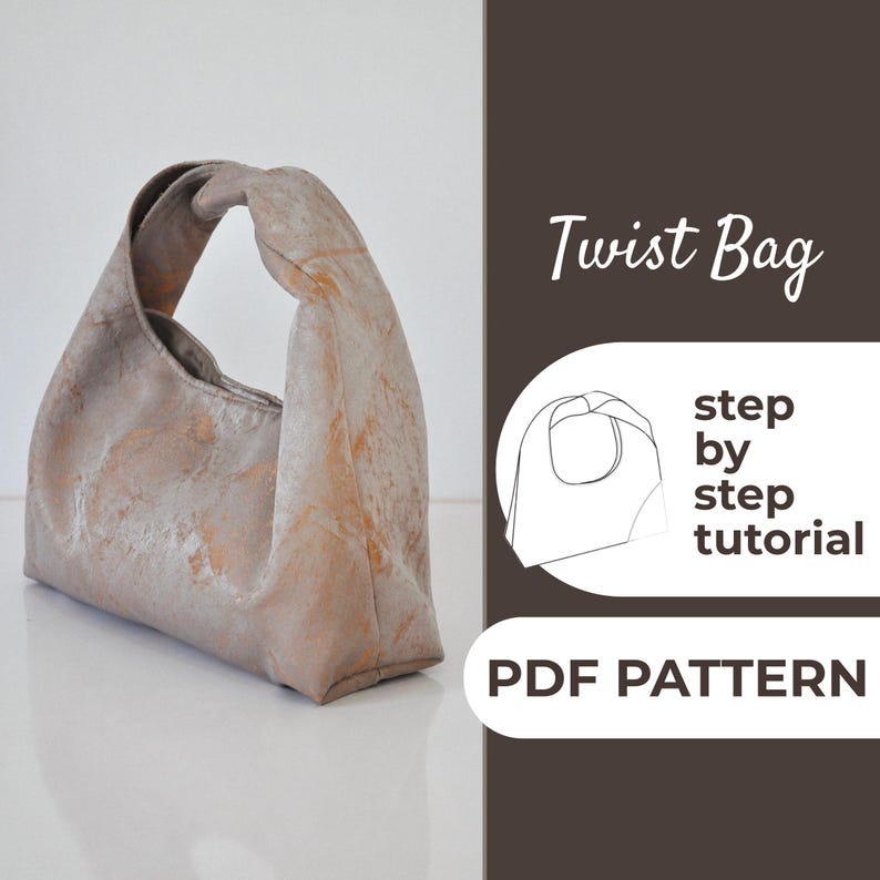 May include: A beige twist bag with a marbled texture. The bag has a single handle and a unique shape. The image also includes the text "Twist Bag", "step by step tutorial", and "PDF PATTERN".