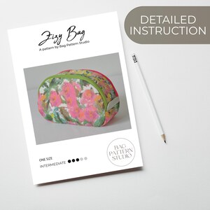 May include: A sewing pattern for a small, oval-shaped bag called "Jizzy Bag". The bag is made of fabric with a floral print in shades of pink, green, and white. The pattern is by Bag Pattern Studio and is labeled as "one size" and "intermediate" difficulty.