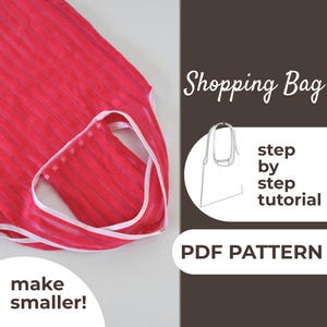 May include: A bright red shopping bag with white trim is partially visible on the left. The words "Shopping Bag" are in cursive, with "step by step tutorial" and "PDF PATTERN" below a bag illustration.