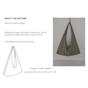 Pu&ograve; includere: Un disegno a linea di una borsa tote con forma triangolare e un unico manico. La borsa &egrave; larga 50 cm, alta 30 cm e profonda 12 cm. La borsa tote &egrave; mostrata accanto a una foto di una borsa simile realizzata in tessuto marrone.