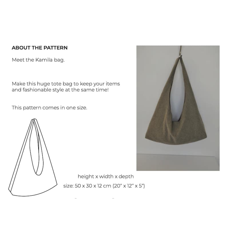 Pu&ograve; includere: Un disegno a linea di una borsa tote con forma triangolare e un unico manico. La borsa &egrave; larga 50 cm, alta 30 cm e profonda 12 cm. La borsa tote &egrave; mostrata accanto a una foto di una borsa simile realizzata in tessuto marrone.