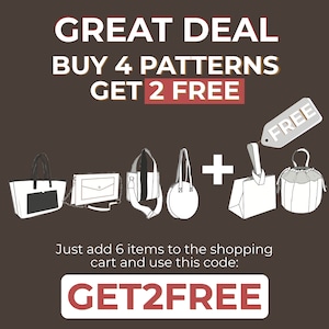 Peut inclure: Un graphique promotionnel pour des patrons de couture. Achetez quatre patrons et obtenez-en deux gratuits. Le graphique pr&eacute;sente six mod&egrave;les de sacs diff&eacute;rents et le texte "GREAT DEAL BUY 4 PATTERNS GET 2 FREE" et "GET2FREE".