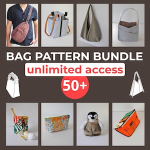 Peut inclure: Lot de patrons de sacs avec accès illimité à plus de 50 patrons. L'image présente différents styles de sacs, dont un sac en bandoulière en cuir marron, un sac fourre-tout, un sac à bandoulière et un sac à main. Sont également inclus une trousse, un pingouin en peluche et une trousse de couture.
