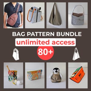 Op de afbeelding: Een digitale collage met een bundel taspatronen met onbeperkte toegang tot 80+ ontwerpen. De afbeelding toont diverse tassen, waaronder een schoudertas, wijntas, hobotas, organizer, etui, een pluche pinguïn en een gereedschaprol met naaibenodigdheden.