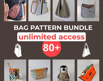 Complete winkelbundel met meer dan 80 naaipatronen voor tassen, A0, A4, US-Letter PDF-patronen + levenslange toegang, voor draagtassen, rugzakken, clutches en etuis.