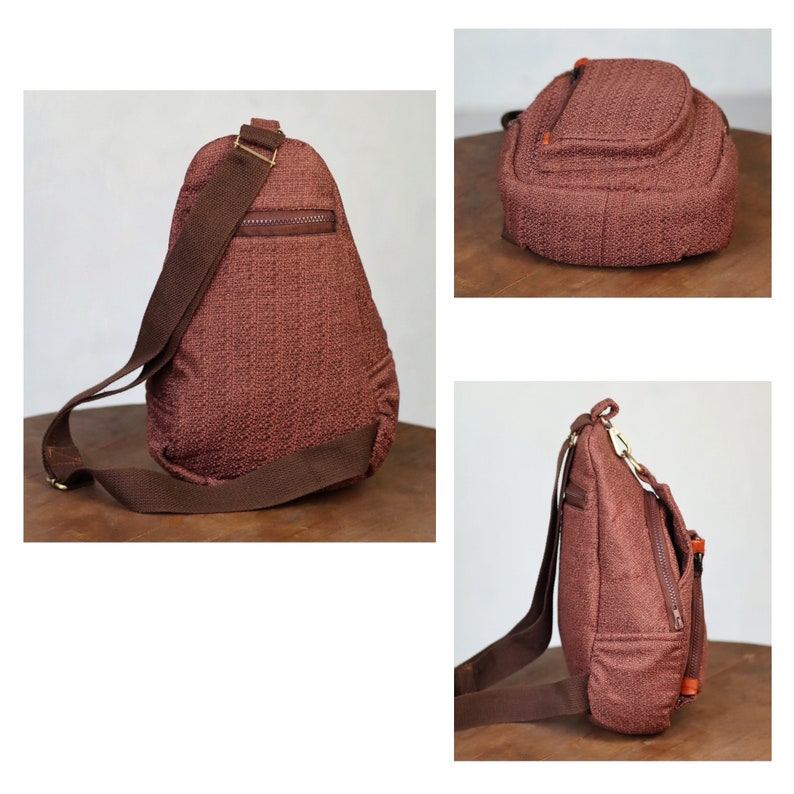 May include: A brown crossbody bag with a textured fabric exterior. The bag has a single strap and a zipped pocket on the front.
