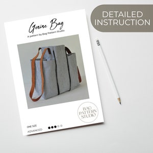 Puede incluir: Un patr&oacute;n de costura para una bolsa de mano a rayas con asas de cuero marr&oacute;n. El patr&oacute;n se llama "Gerine Bag" y es de Bag Pattern Studio. El patr&oacute;n es de una talla y se considera avanzado.