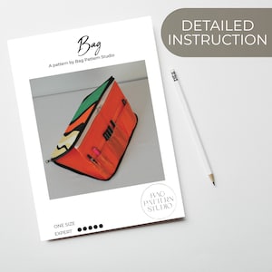 May include: A sewing pattern for a colorful zippered bag with multiple pockets. The pattern is titled "Bag" and is by Bag Pattern Studio. The pattern is for one size and is considered expert level.