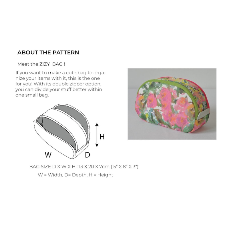 May include: A black and white line drawing of a small bag with a double zipper. The bag is 5 inches wide, 8 inches long, and 3 inches high. The bag is labeled "ZIZY BAG!" and is described as a cute bag to organize items.