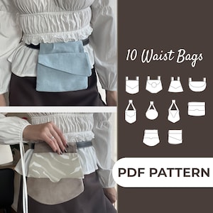 Könnte beinhalten: Das Bild zeigt Designs für Bauchtaschen. Gezeigt werden eine hellblaue Bauchtasche und eine beige gemusterte Bauchtasche. Der Text "10 Waist Bags" und "PDF PATTERN" sind ebenfalls sichtbar.