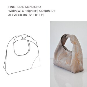 May include: A beige tote bag with a distinctive handle. The bag measures 25 cm wide, 28 cm high, and 8 cm deep. The bag has a textured finish and a curved handle. The image text reads: Finished Dimensions: Width(W) X Height (H) X Depth (D): 25 x 28 x 8 cm.