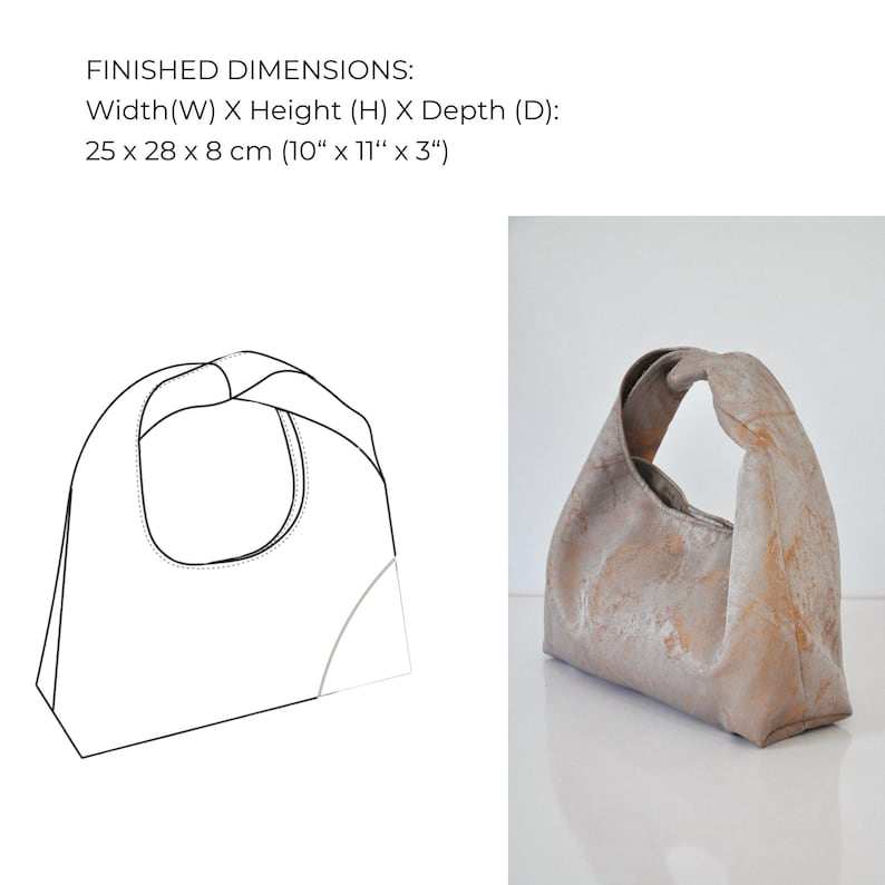 May include: A beige tote bag with a distinctive handle. The bag measures 25 cm wide, 28 cm high, and 8 cm deep. The bag has a textured finish and a curved handle. The image text reads: Finished Dimensions: Width(W) X Height (H) X Depth (D): 25 x 28 x 8 cm.