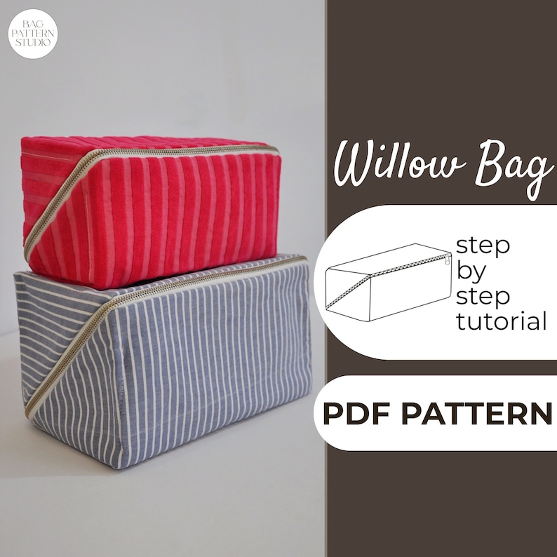 Peut inclure: Un patron PDF pour un sac Willow, une pochette rectangulaire zipp&eacute;e. L'image montre deux exemples du sac, l'un en rayures rose et blanches et l'autre en rayures bleues et blanches. Le patron comprend un tutoriel &eacute;tape par &eacute;tape.