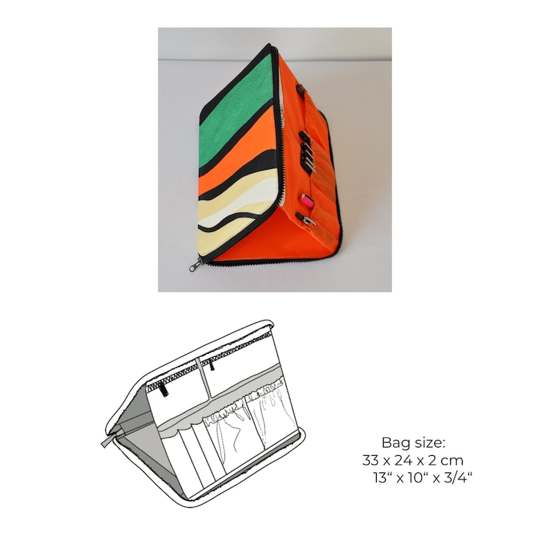 May include: A bright orange zippered pencil case with a colorful striped design. The case is open to reveal multiple compartments and elastic loops for holding pencils, pens, and other writing tools. The case measures 13 inches by 10 inches by 3/4 inch.