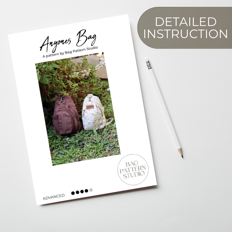 May include: A sewing pattern for an "Anyones Bag" with two bags pictured in the background. The pattern is labelled as "Advanced" and is by Bag Pattern Studio.